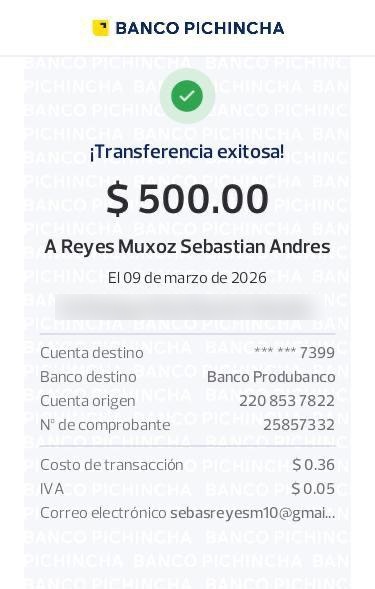 Transferencia Banco Pichincha de $500