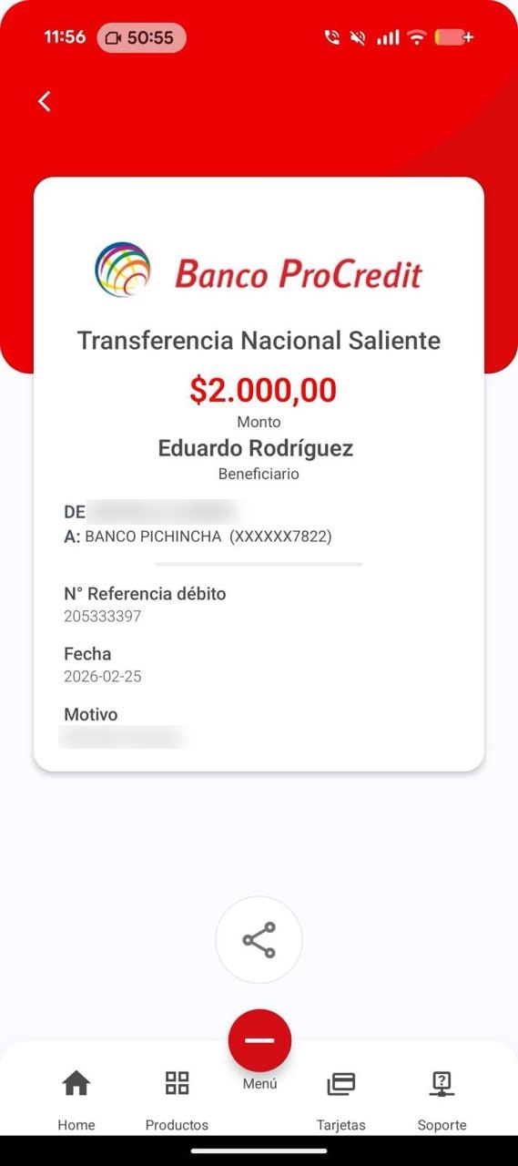 Transferencia Banco ProCredit de $2,000