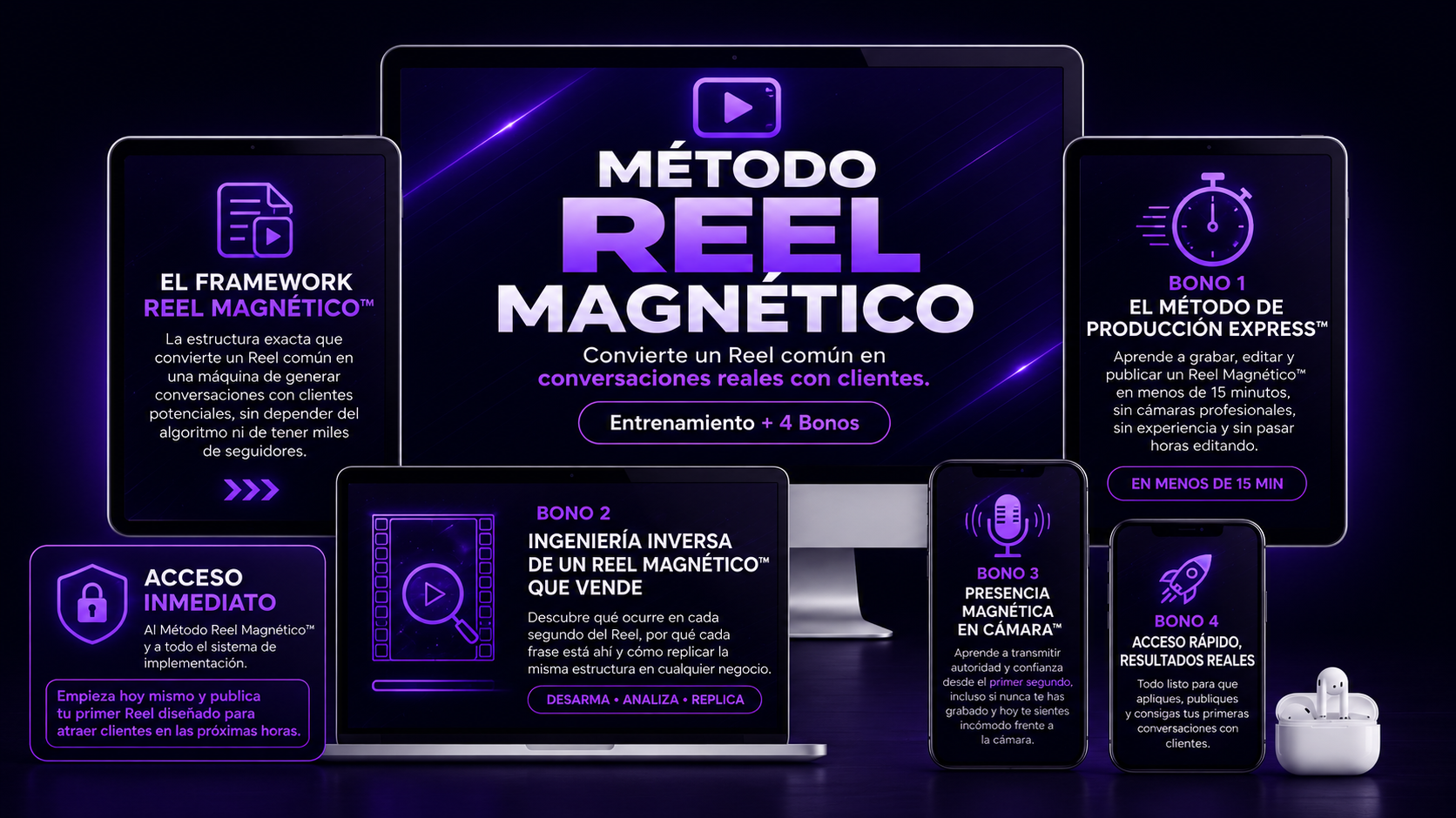 Todo lo que incluye el Reel Magnético: entrenamiento, plantilla rellenable, desglose de un reel real, Código del Speaker Digital, garantía de 14 días y acceso inmediato