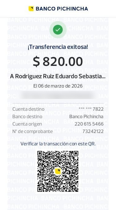 Transferencia Banco Pichincha de $820
