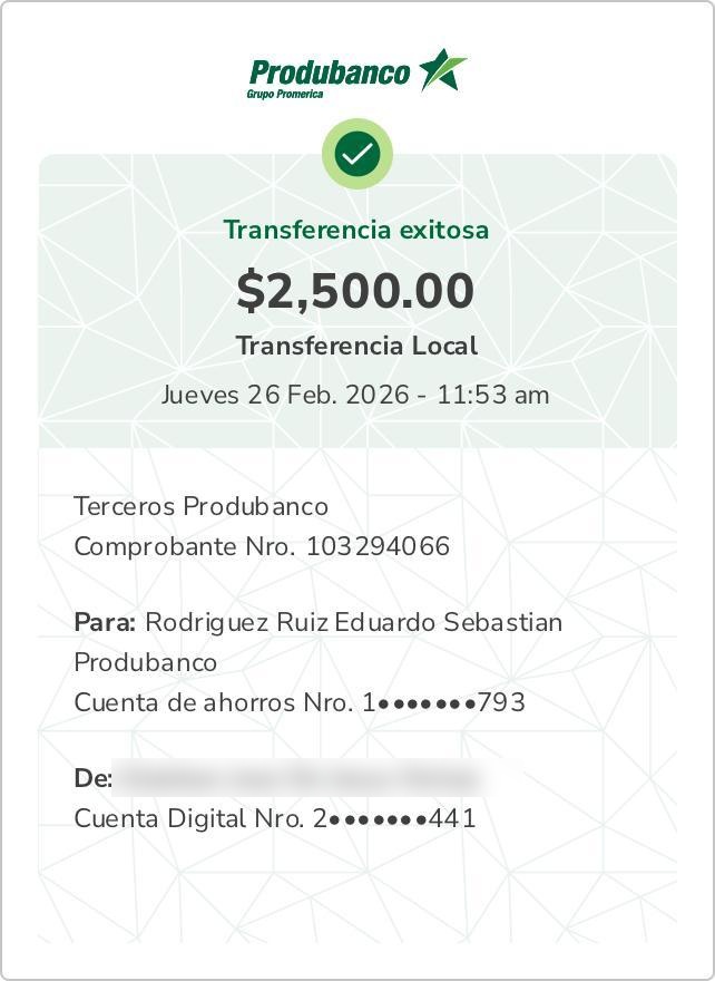Transferencia Produbanco exitosa de $2,500
