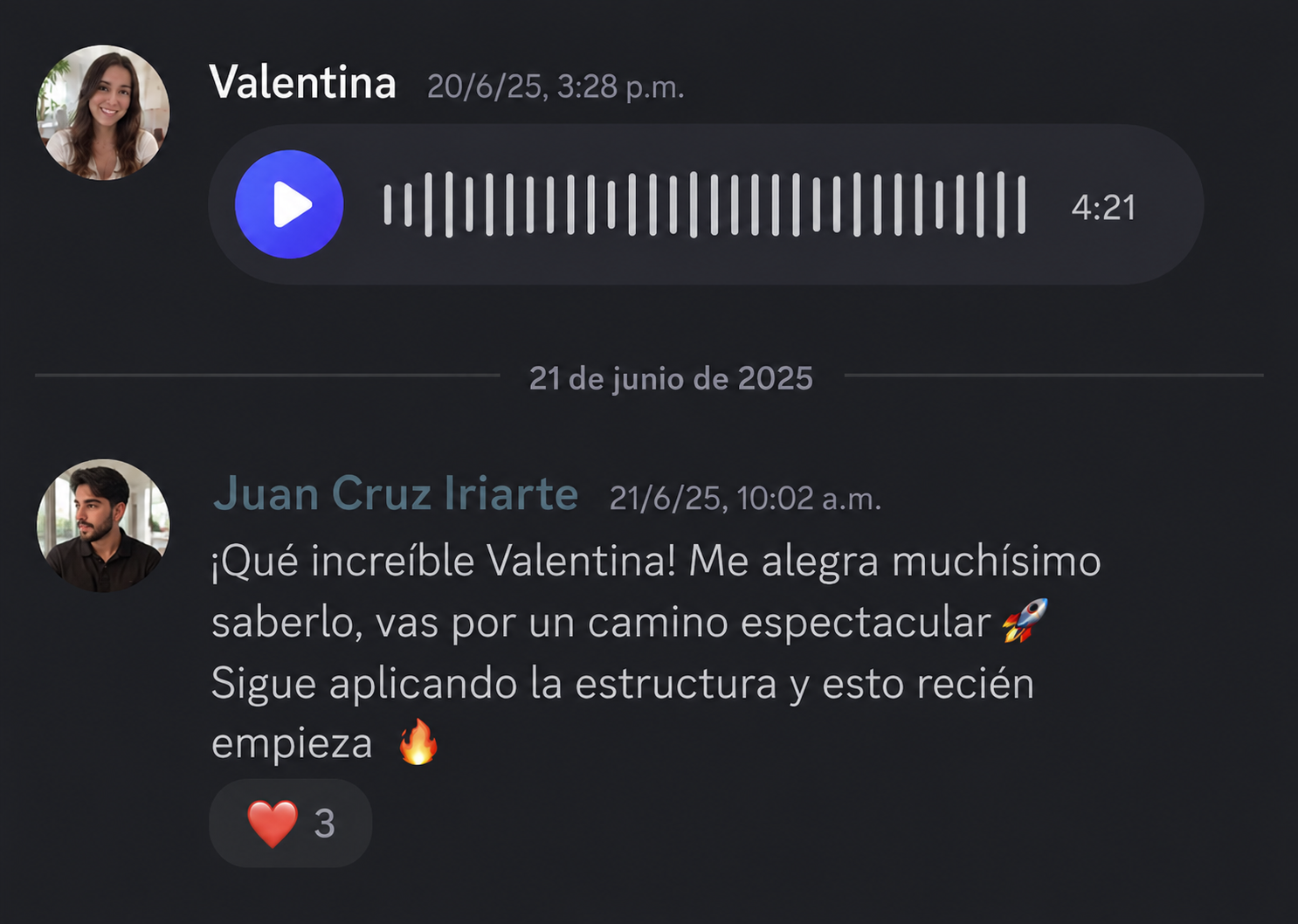 Audio de Valentina y respuesta de Juan Cruz Iriarte
