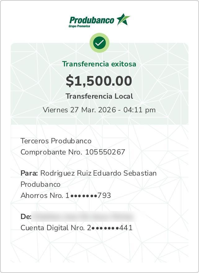 Transferencia Produbanco exitosa de $1,500