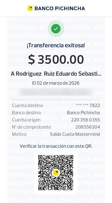 Transferencia Banco Pichincha de $3,500